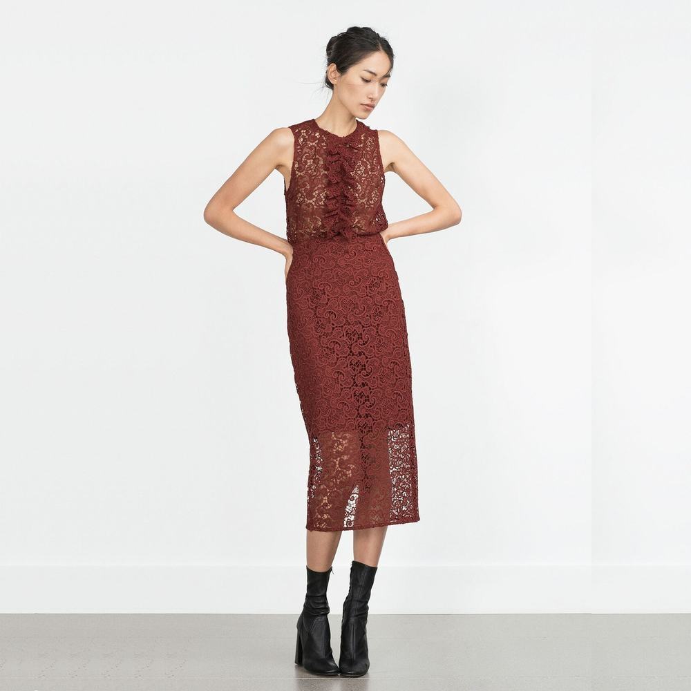 Zara Lace Pencil Skirt in Deep Wine